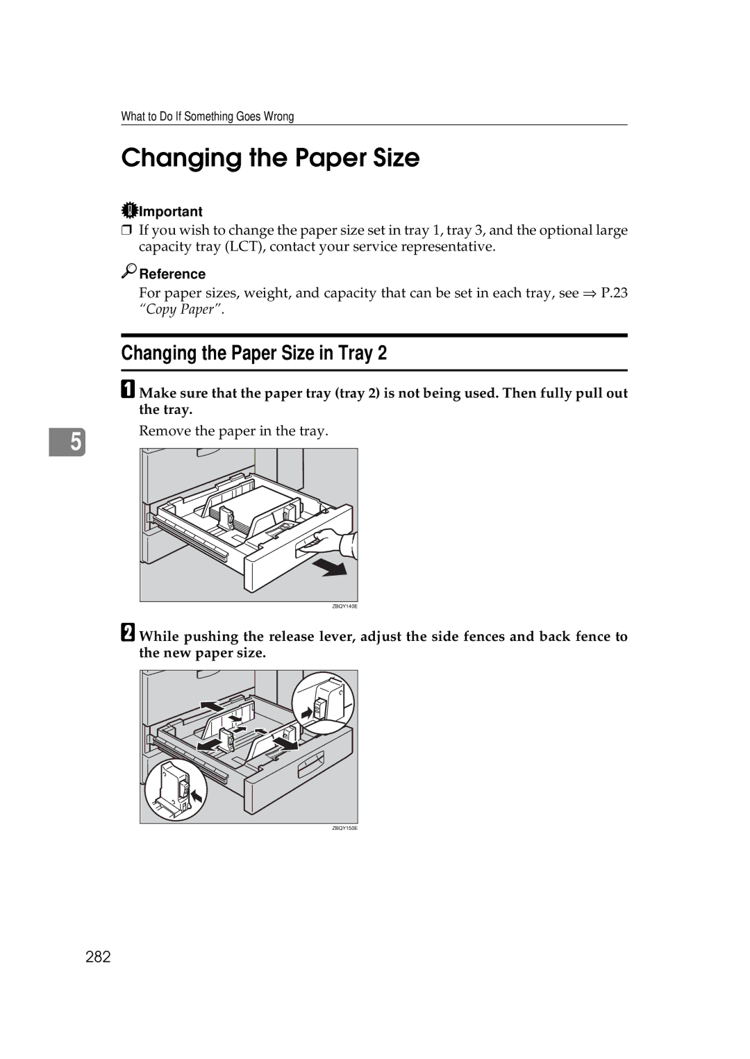 Ricoh 551, 700 manual Changing the Paper Size in Tray, 282 