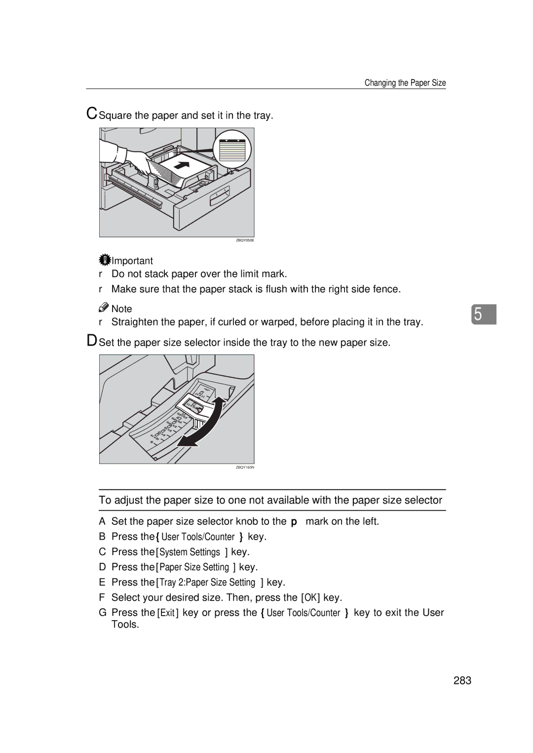 Ricoh 700, 551 manual 283, Set the paper size selector knob to the p mark on the left 