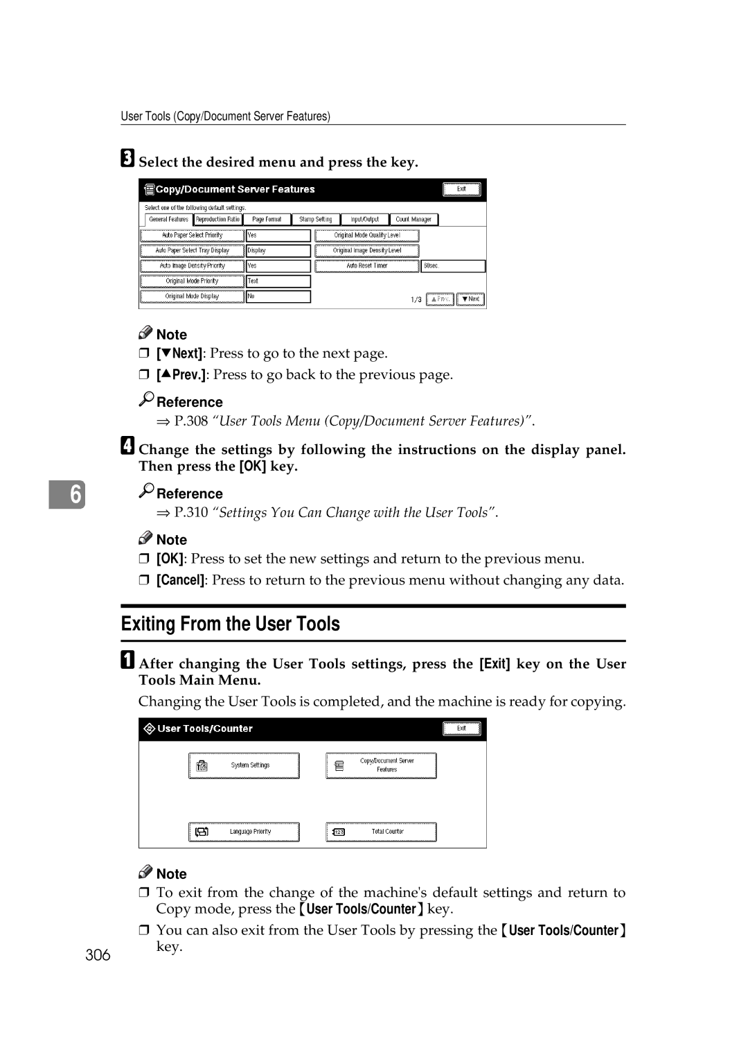 Ricoh 551, 700 manual Exiting From the User Tools, 306, Select the desired menu and press the key 