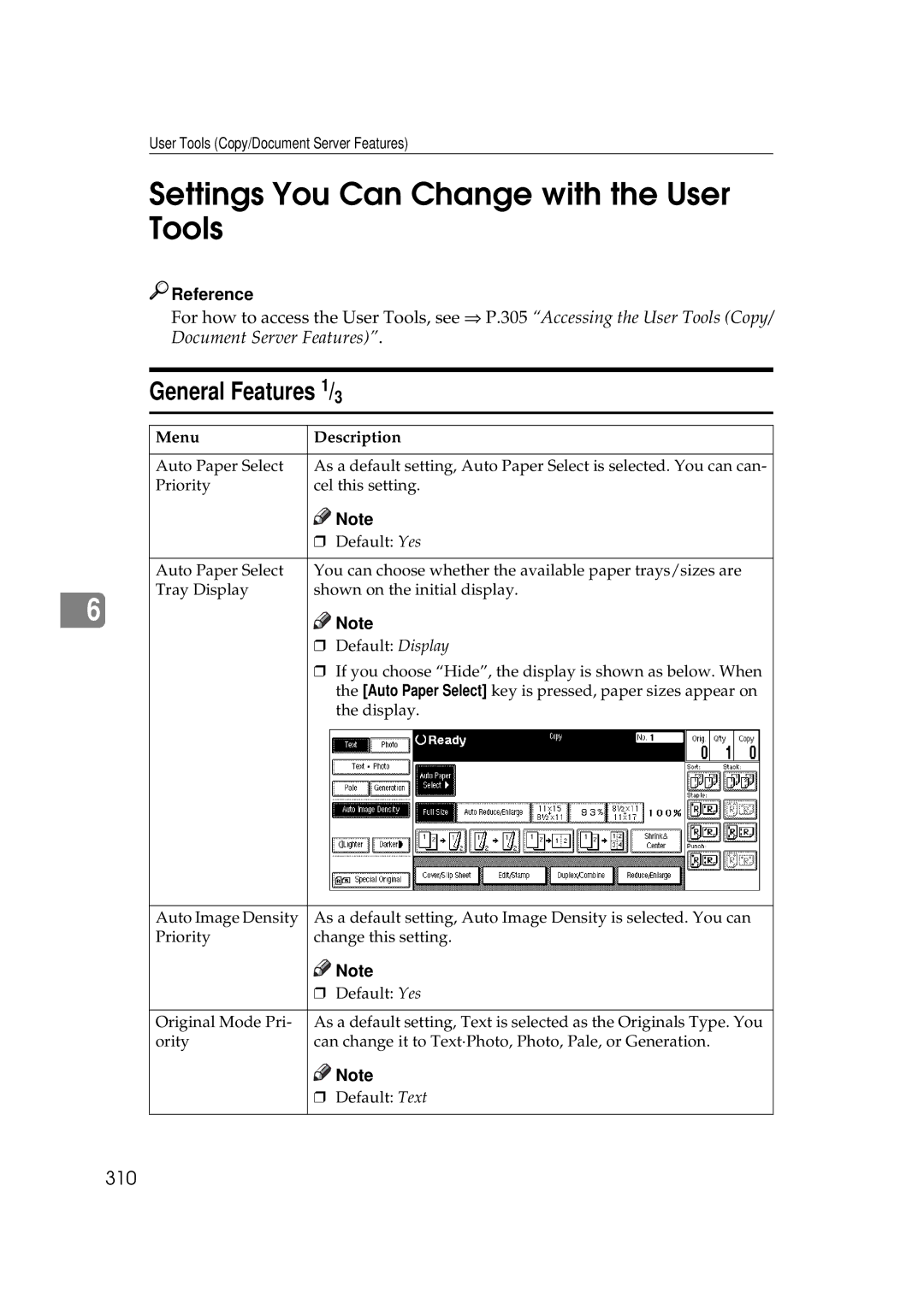 Ricoh 551, 700 manual Settings You Can Change with the User Tools, General Features 1/3, 310 