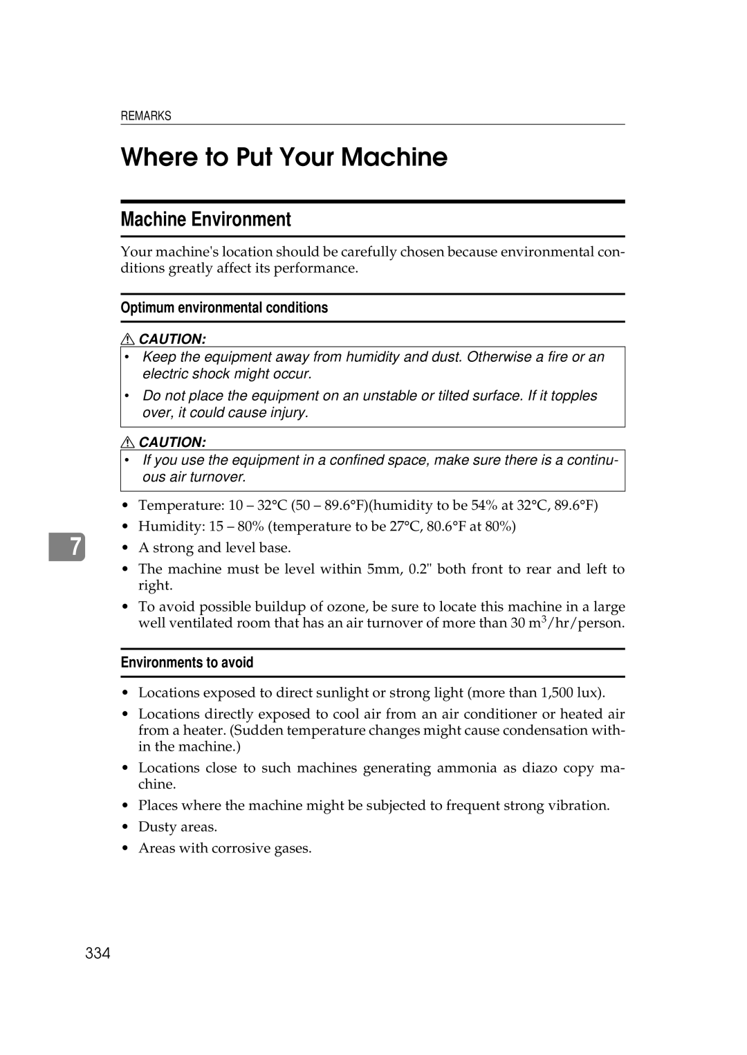 Ricoh 551 Where to Put Your Machine, Machine Environment, Optimum environmental conditions, Environments to avoid, 334 