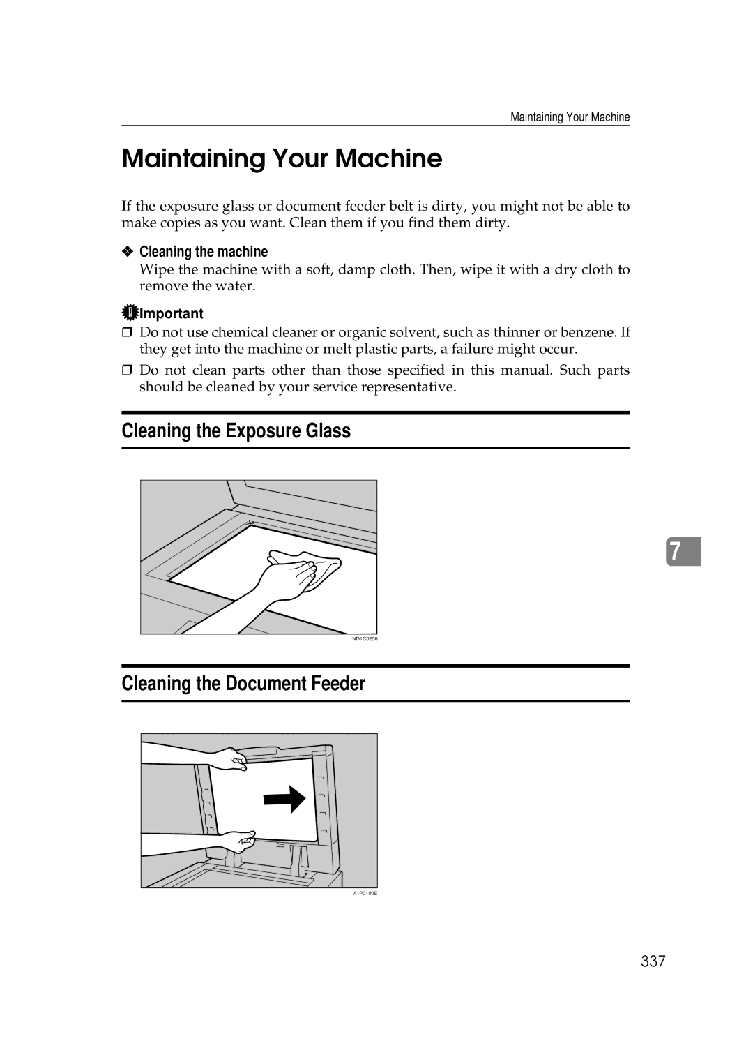 Ricoh 700 Maintaining Your Machine, Cleaning the Exposure Glass, Cleaning the Document Feeder, Cleaning the machine, 337 