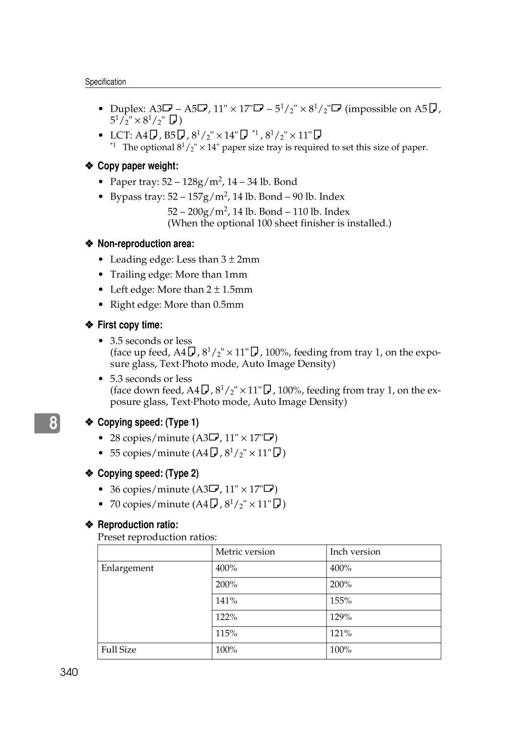 Ricoh 551, 700 manual Copy paper weight, Non-reproduction area, First copy time, Copying speed Type, Reproduction ratio 