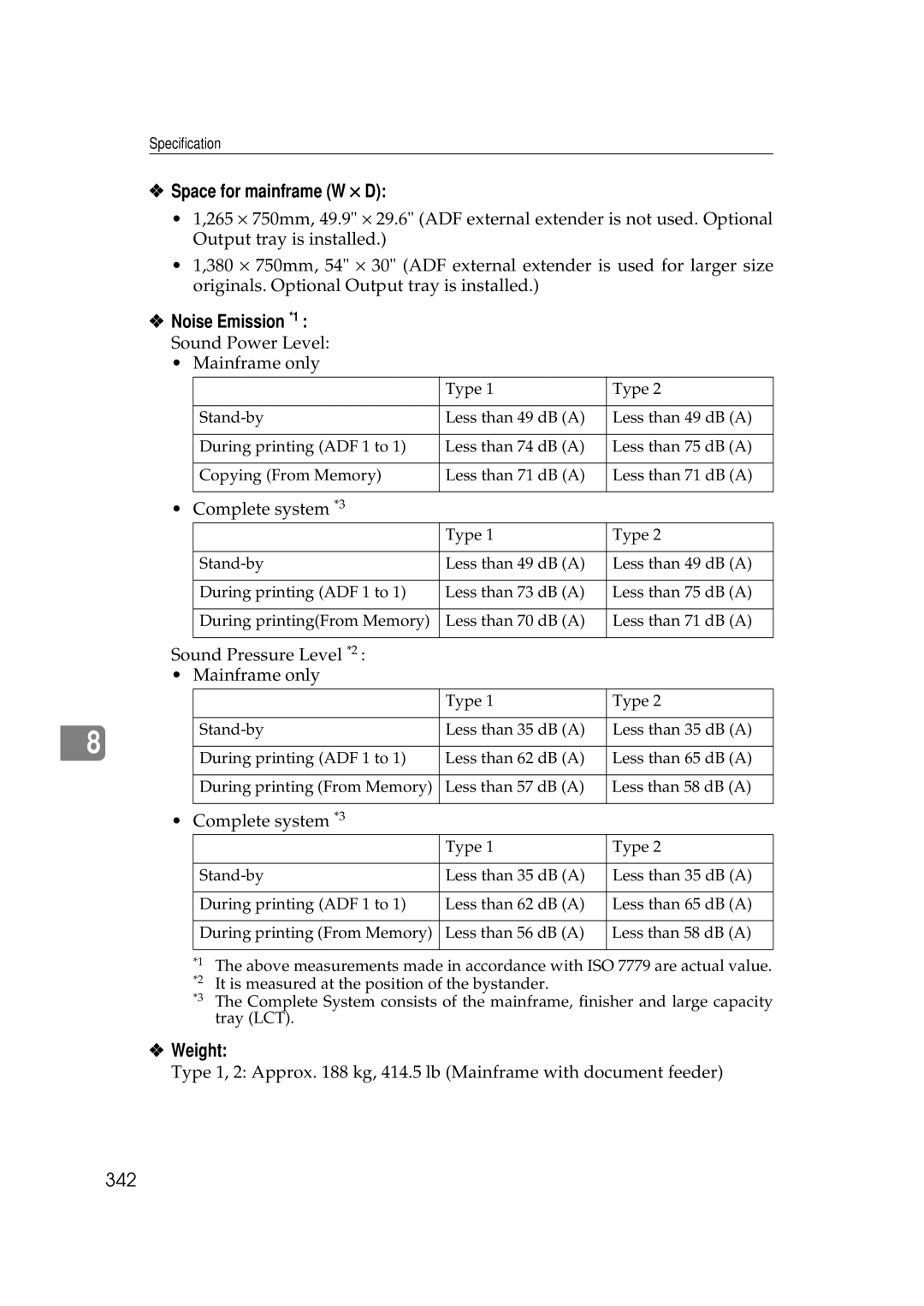 Ricoh 551, 700 manual Space for mainframe W × D, Noise Emission *1, Weight, 342 