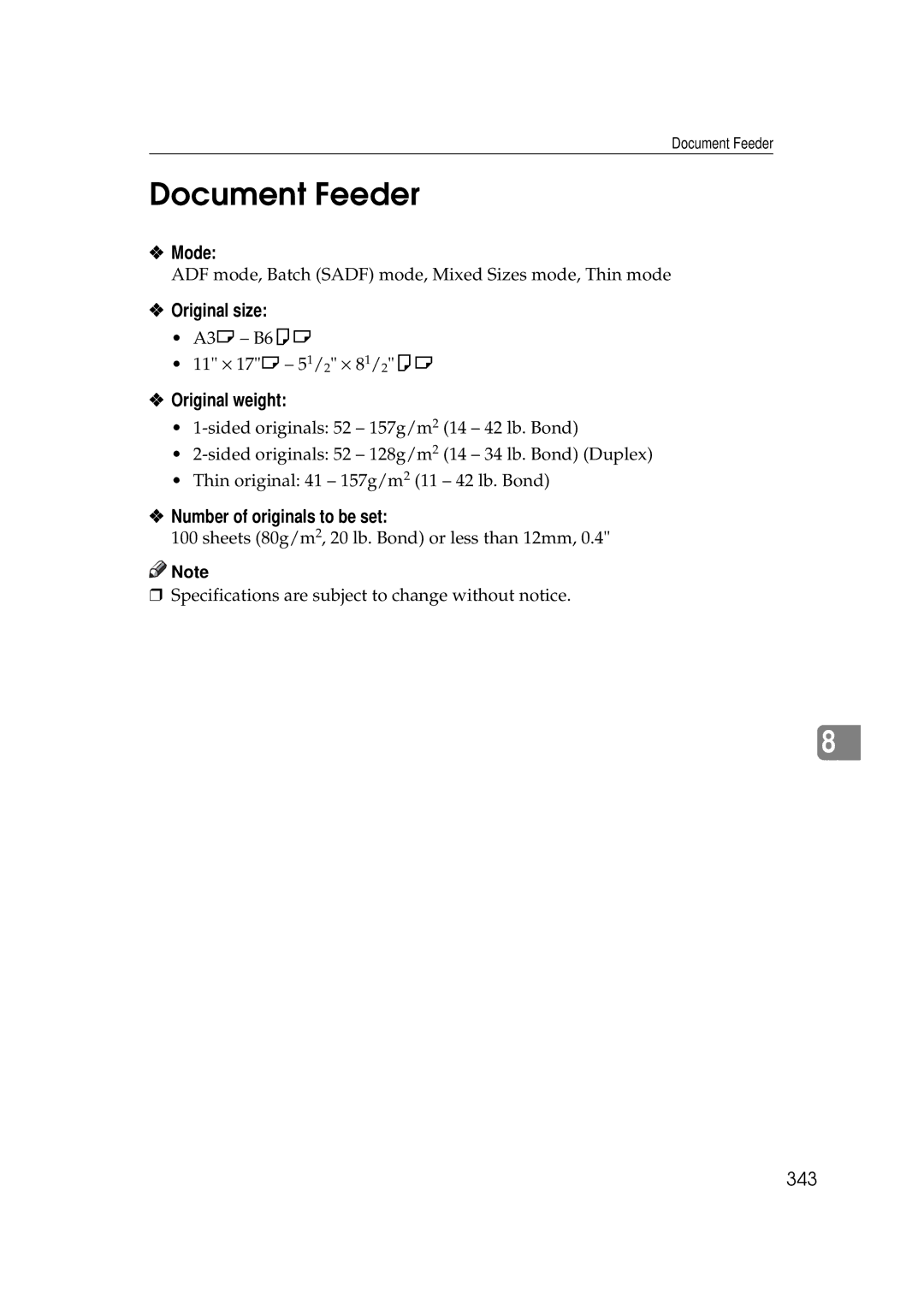 Ricoh 700, 551 manual Document Feeder, Mode, Original size, Original weight, Number of originals to be set 