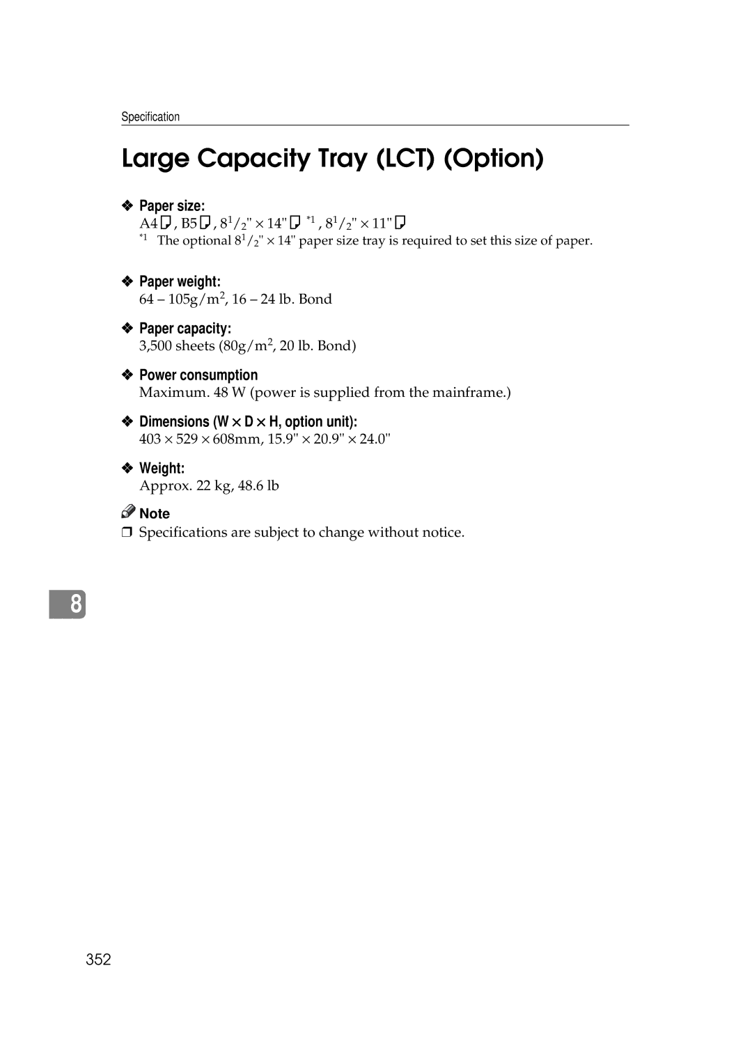 Ricoh 551, 700 manual Large Capacity Tray LCT Option, Dimensions W × D × H, option unit, 352 