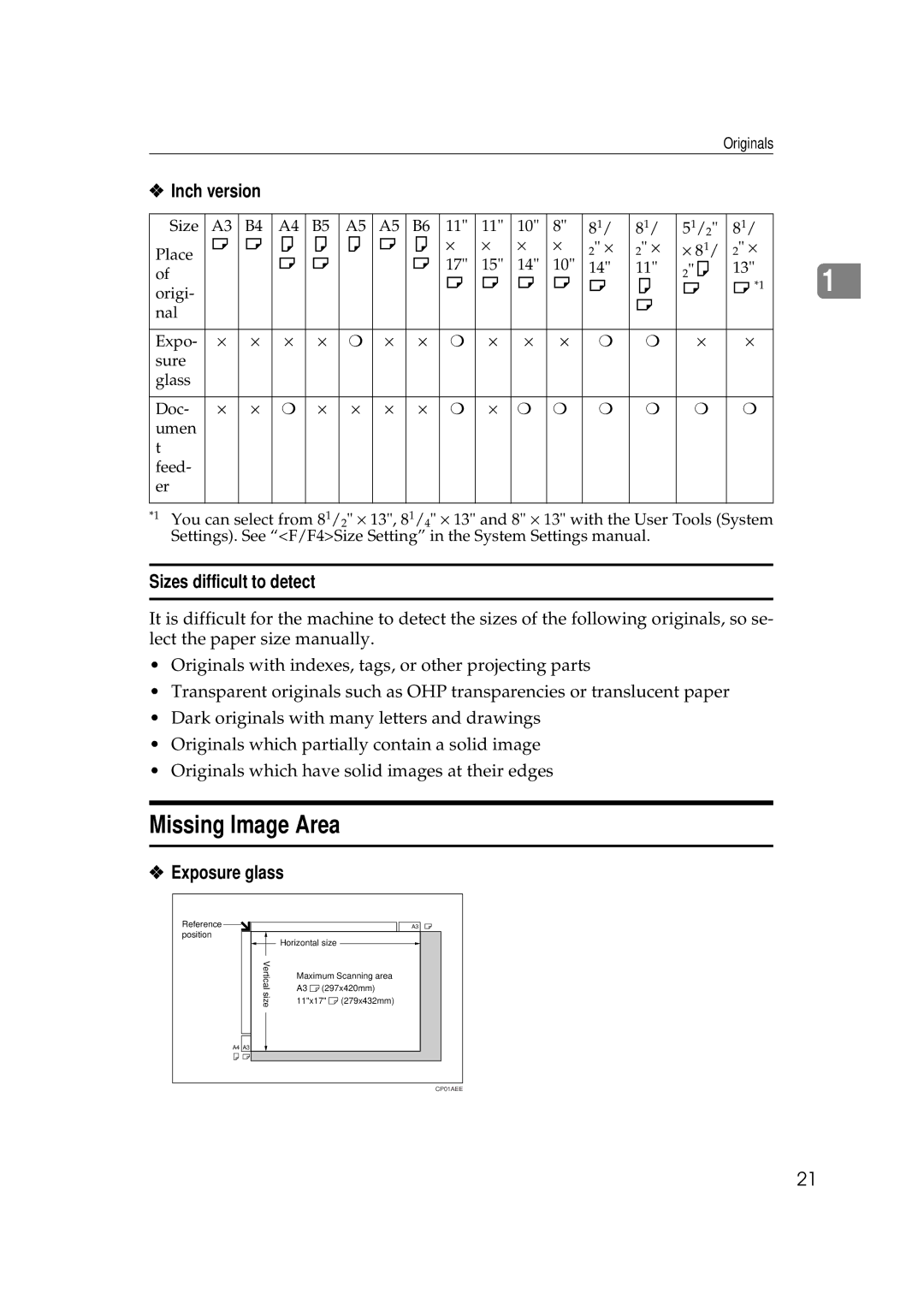 Ricoh 700, 551 manual Missing Image Area, Sizes difficult to detect, Exposure glass 