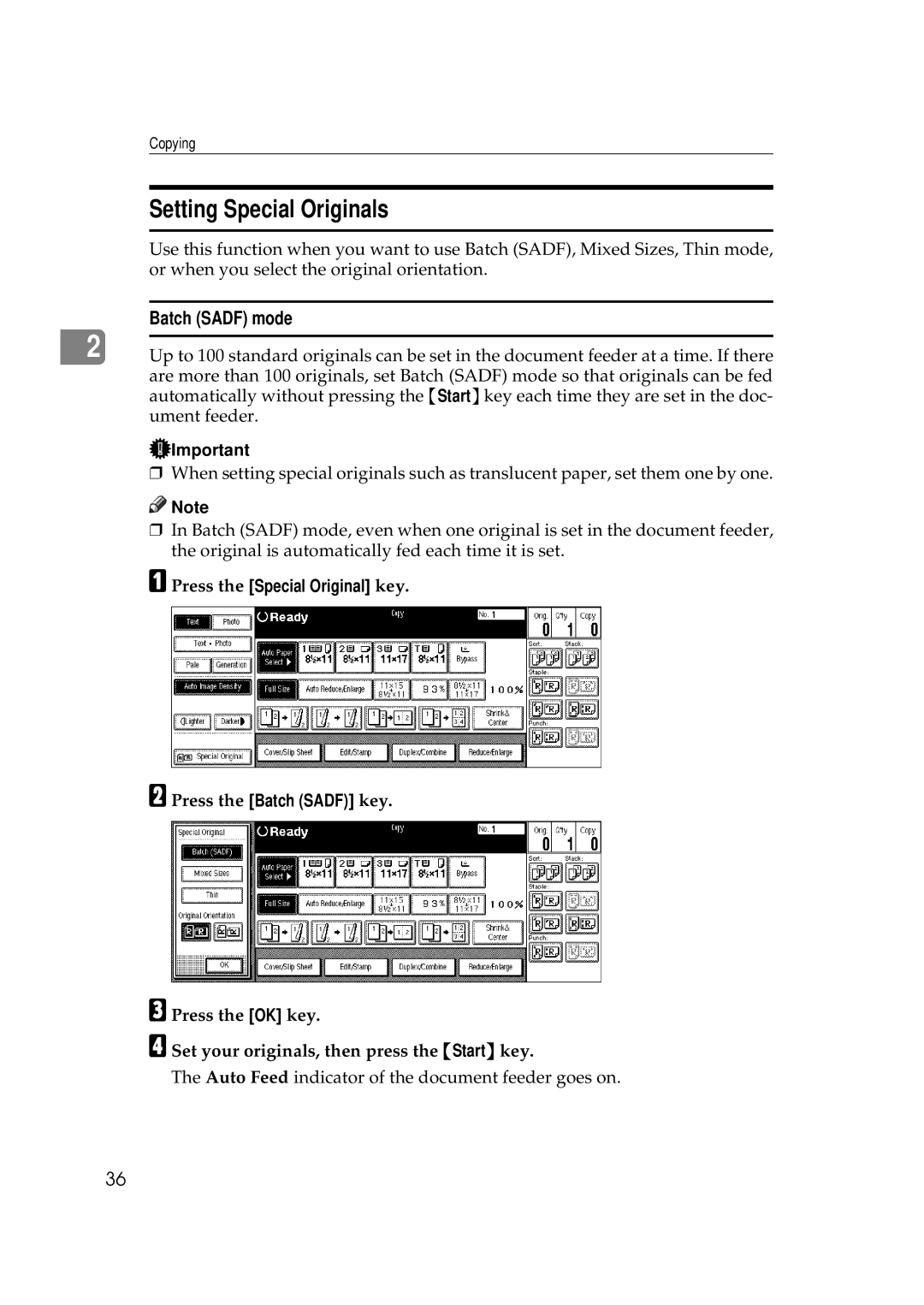 Ricoh 551, 700 manual Setting Special Originals, Batch Sadf mode, Press the Special Original key Press the Batch Sadf key 
