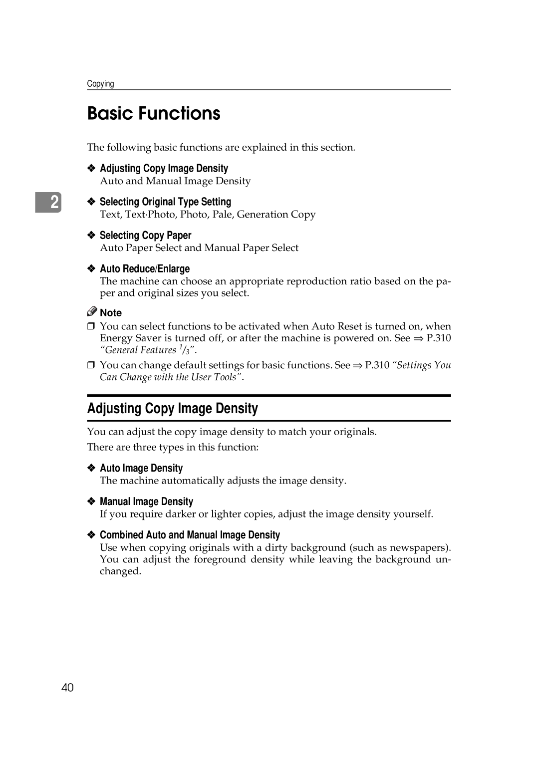 Ricoh 551, 700 manual Basic Functions, Adjusting Copy Image Density 