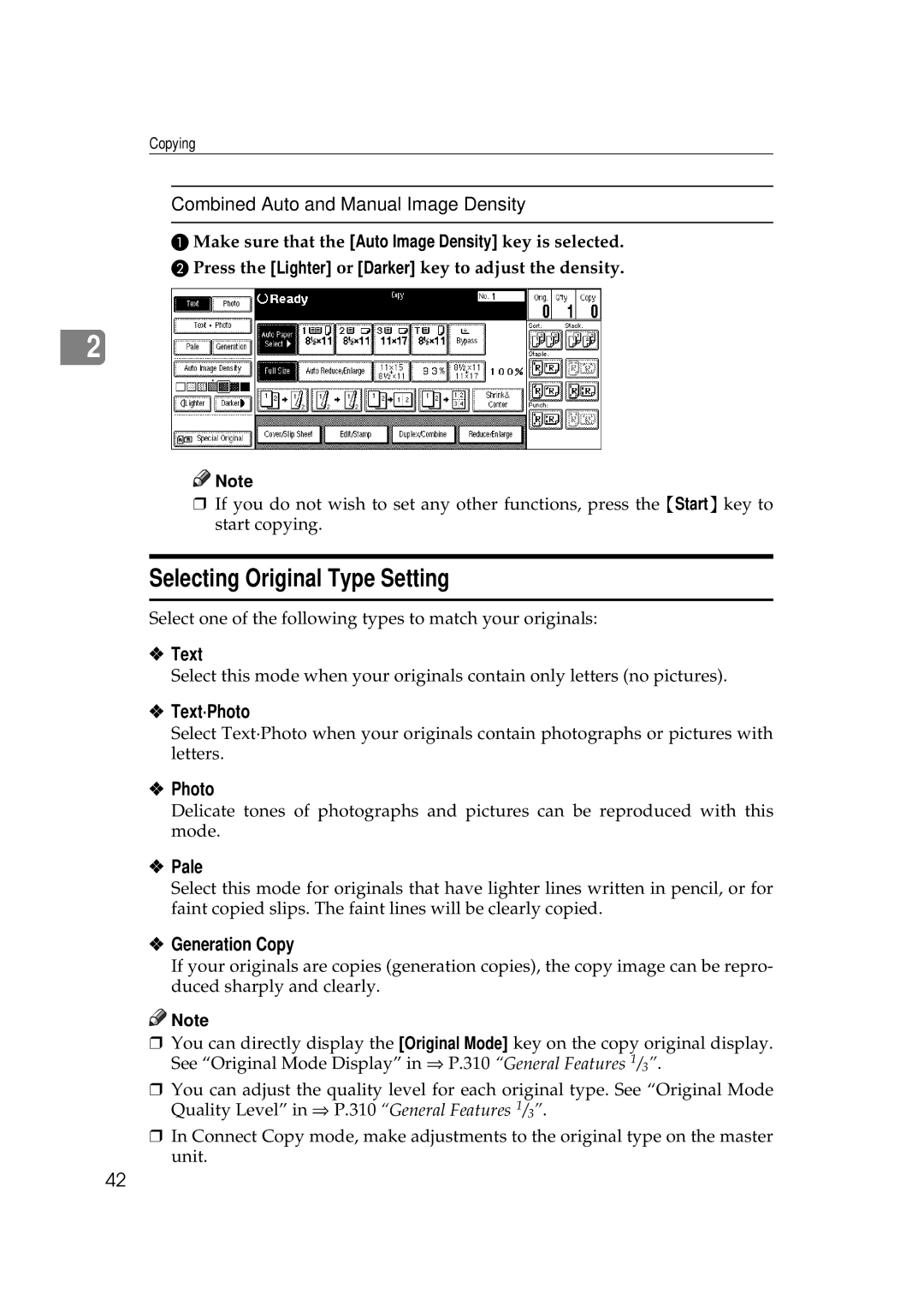 Ricoh 551, 700 manual Selecting Original Type Setting 