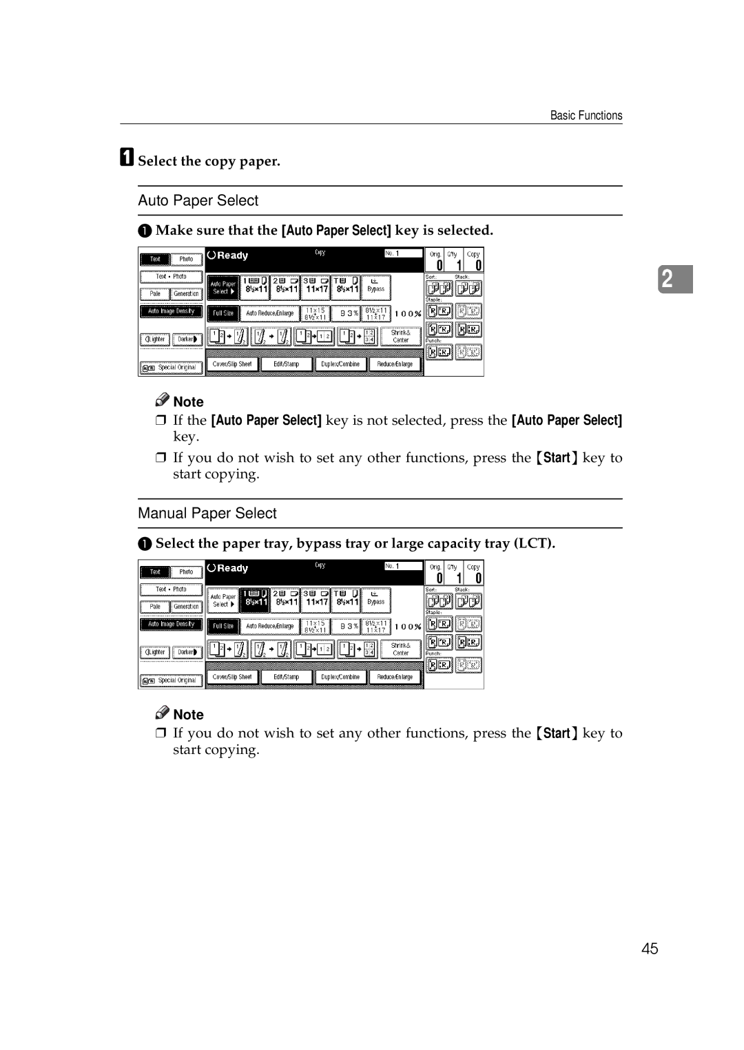 Ricoh 700, 551 manual Auto Paper Select, Manual Paper Select, Select the copy paper 