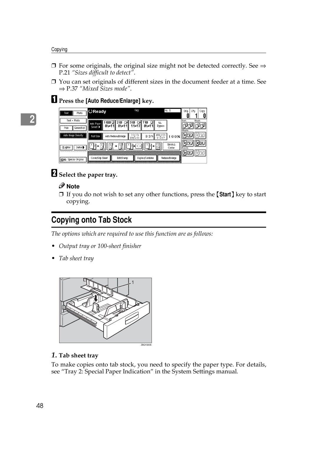 Ricoh 551, 700 manual Copying onto Tab Stock, Press the Auto Reduce/Enlarge key, Select the paper tray, Tab sheet tray 