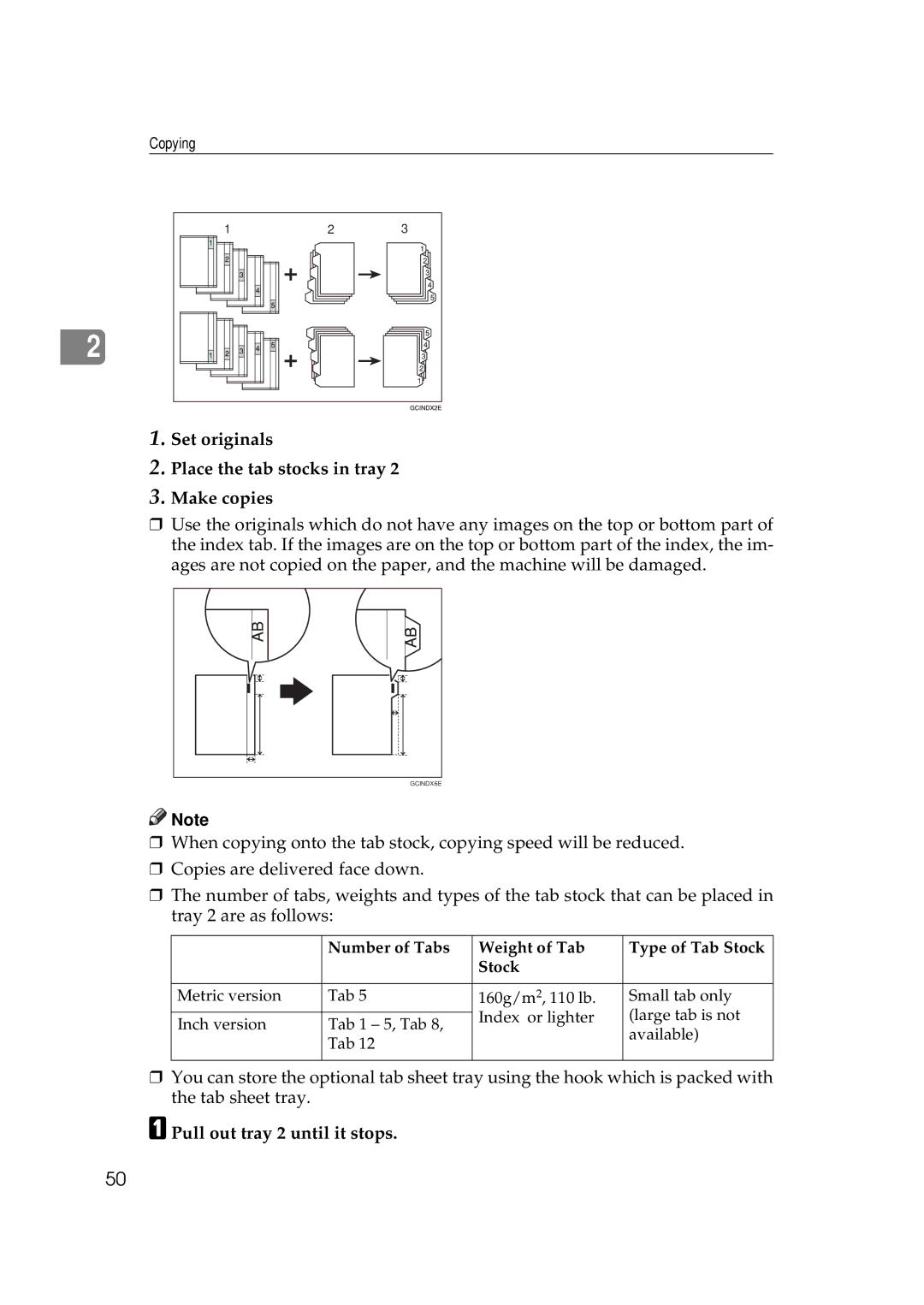 Ricoh 551, 700 manual Set originals Place the tab stocks in tray Make copies, Pull out tray 2 until it stops 