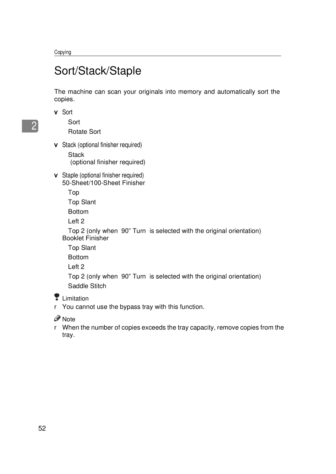 Ricoh 551, 700 manual Sort/Stack/Staple, Stack optional finisher required, Staple optional finisher required 