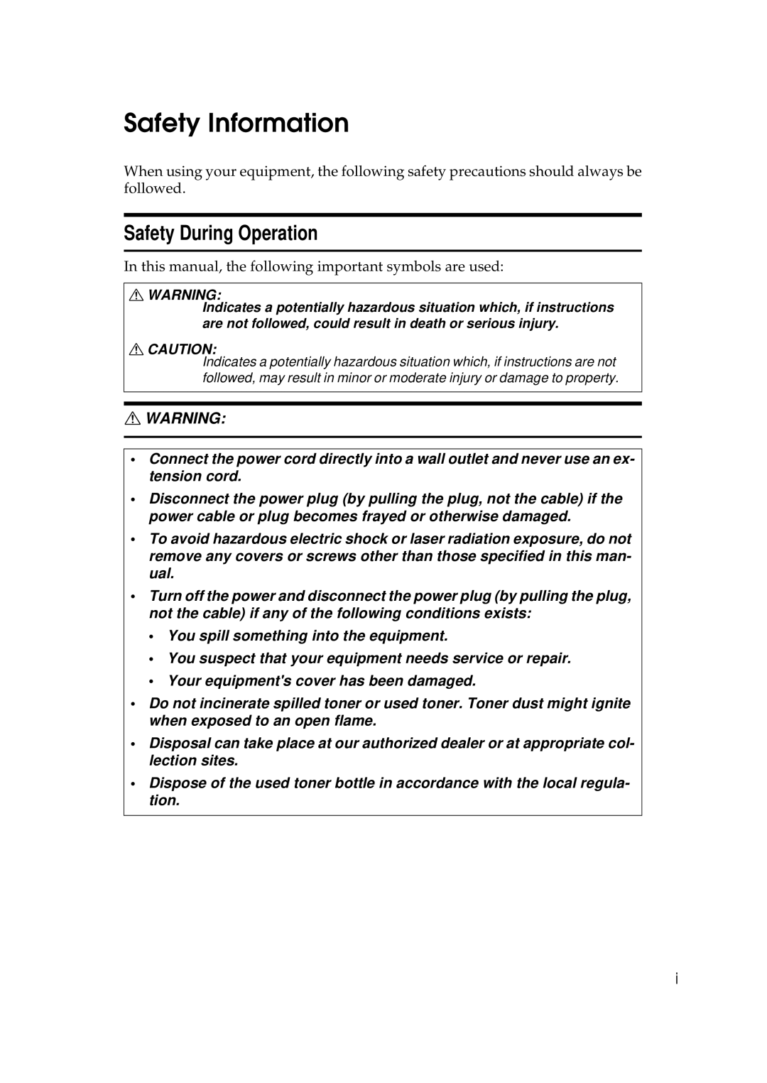 Ricoh 700, 551 manual Safety Information, Safety During Operation 