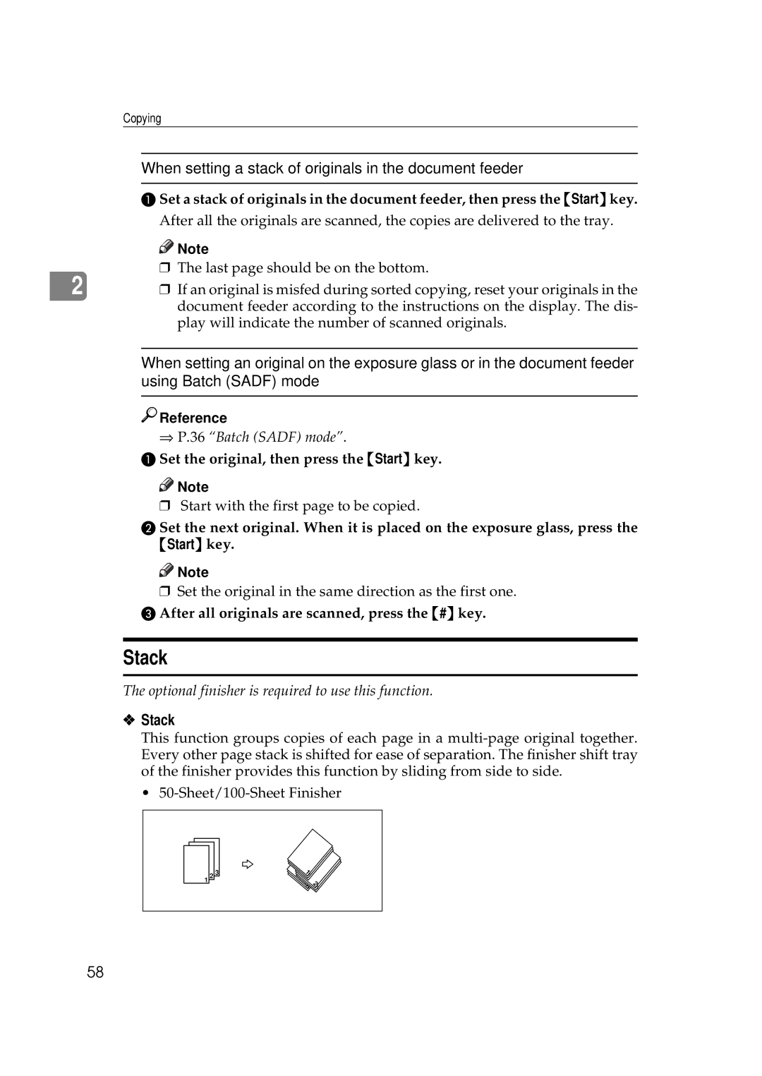 Ricoh 551, 700 Stack, When setting a stack of originals in the document feeder, Set the original, then press the Start key 