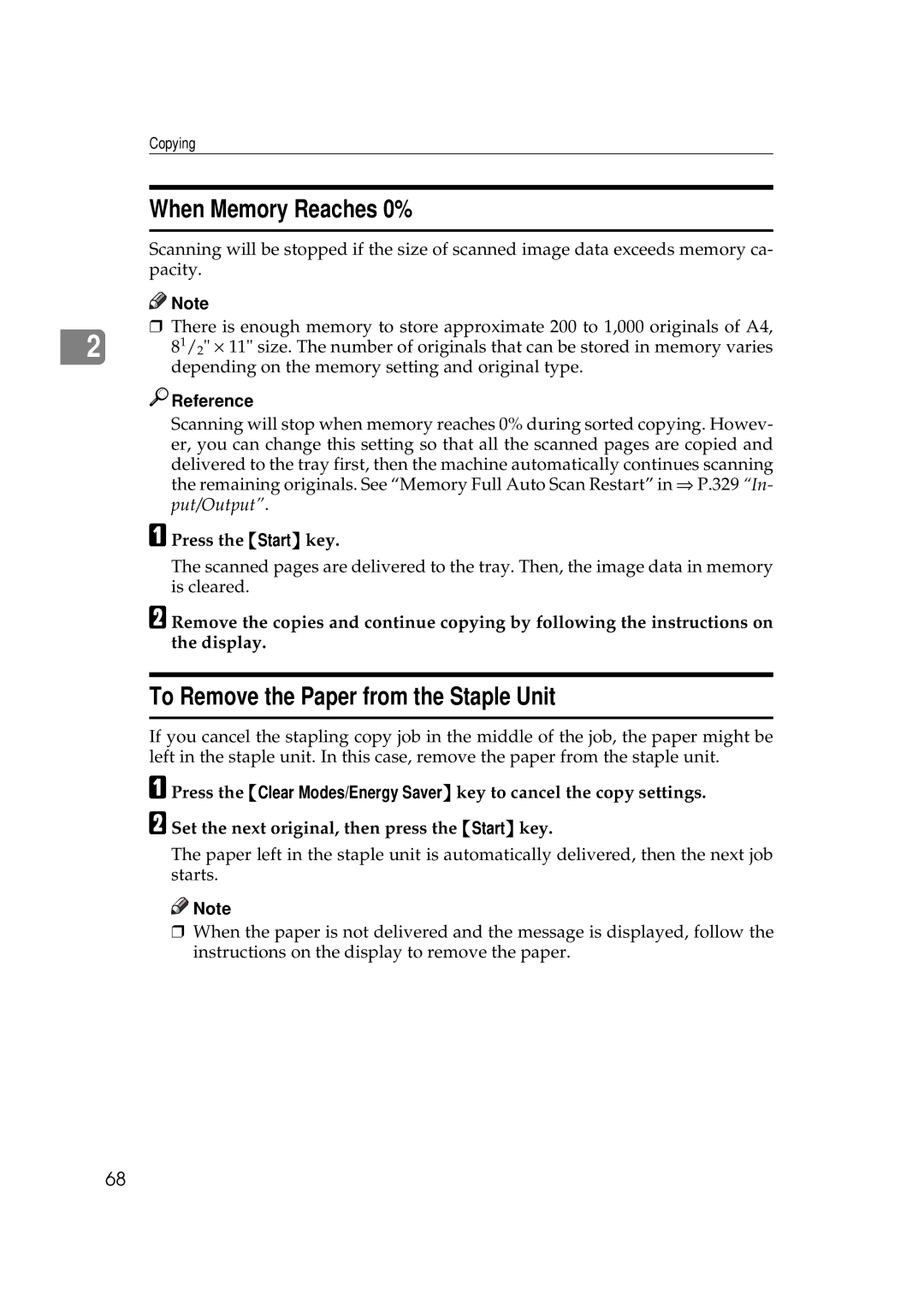 Ricoh 551, 700 manual When Memory Reaches 0%, To Remove the Paper from the Staple Unit 