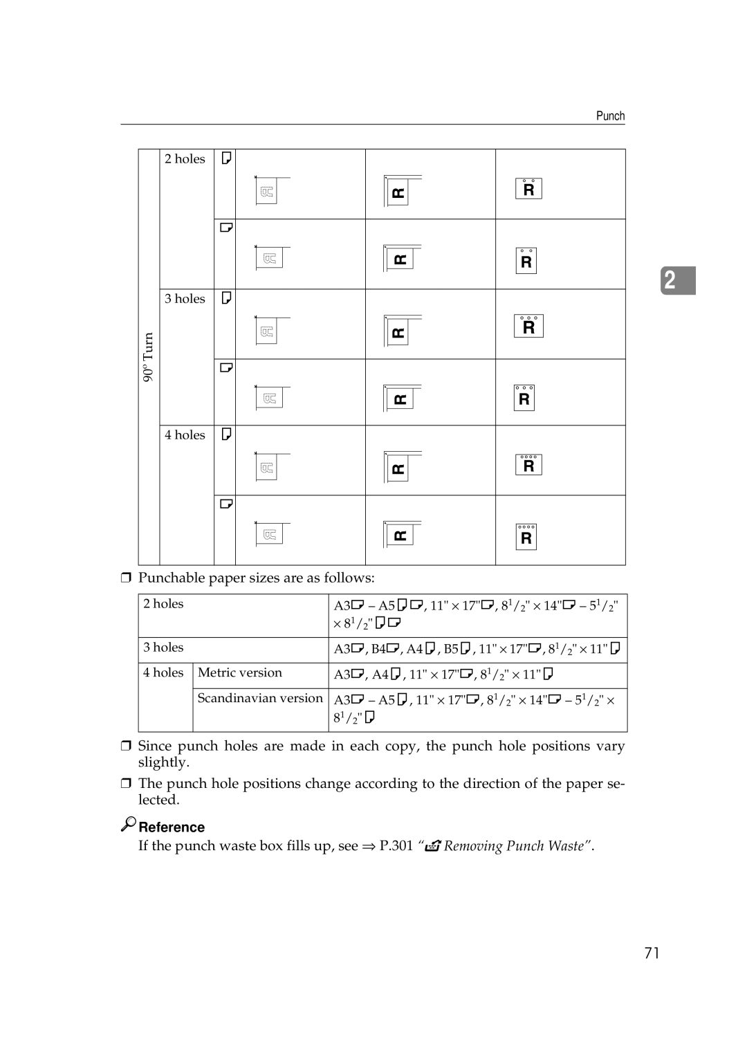 Ricoh 700, 551 manual Punchable paper sizes are as follows 