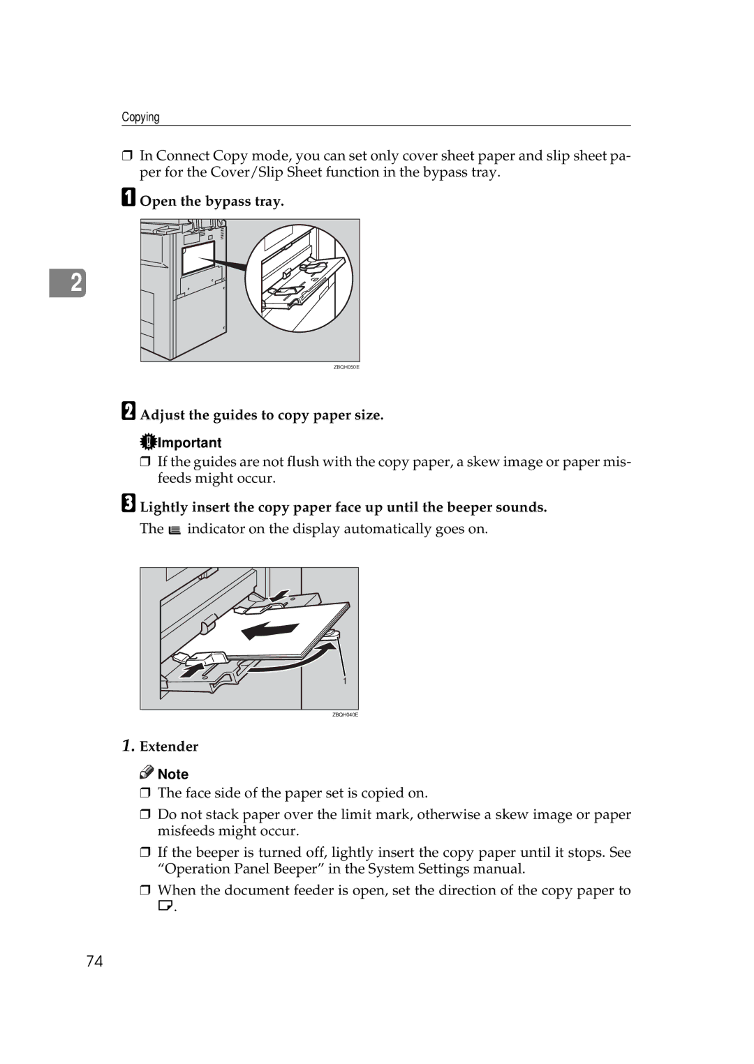 Ricoh 551, 700 manual Open the bypass tray, Adjust the guides to copy paper size, Extender 