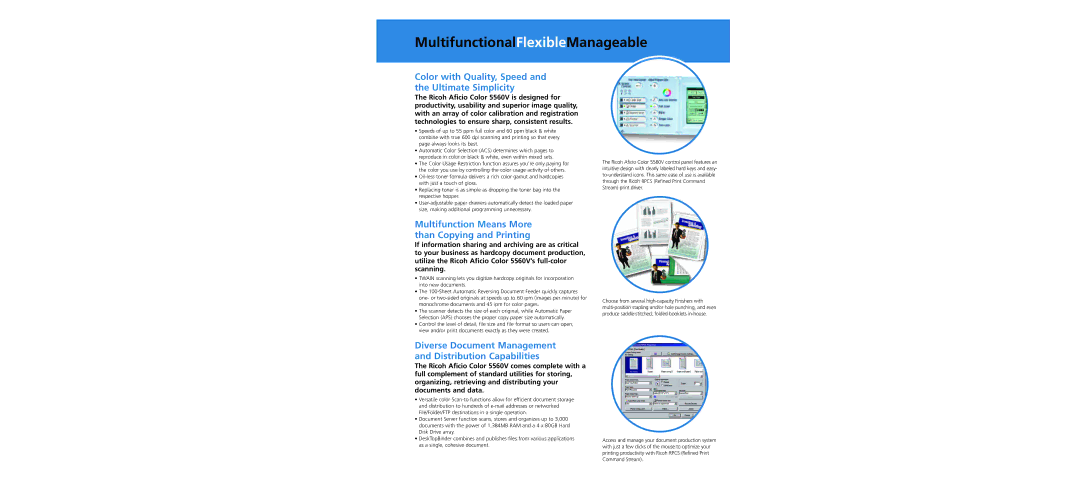 Ricoh 5560V specifications MultifunctionalFlexibleManageable, Color with Quality, Speed and the Ultimate Simplicity 