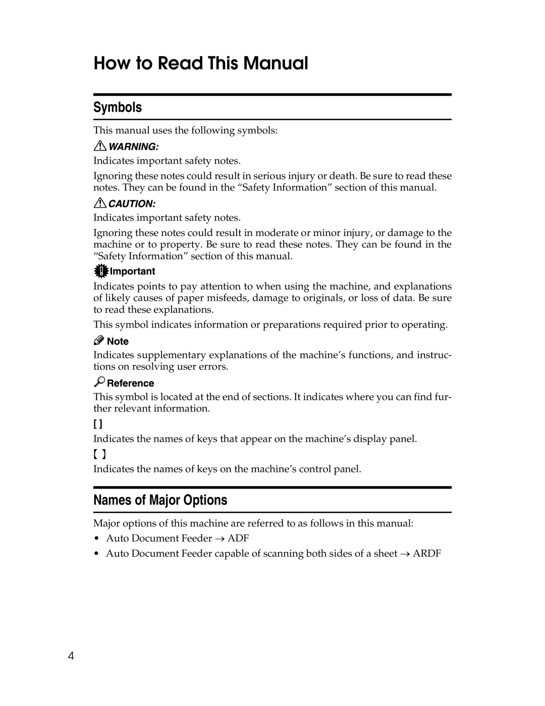 Ricoh 615C appendix How to Read This Manual, Symbols, Names of Major Options 