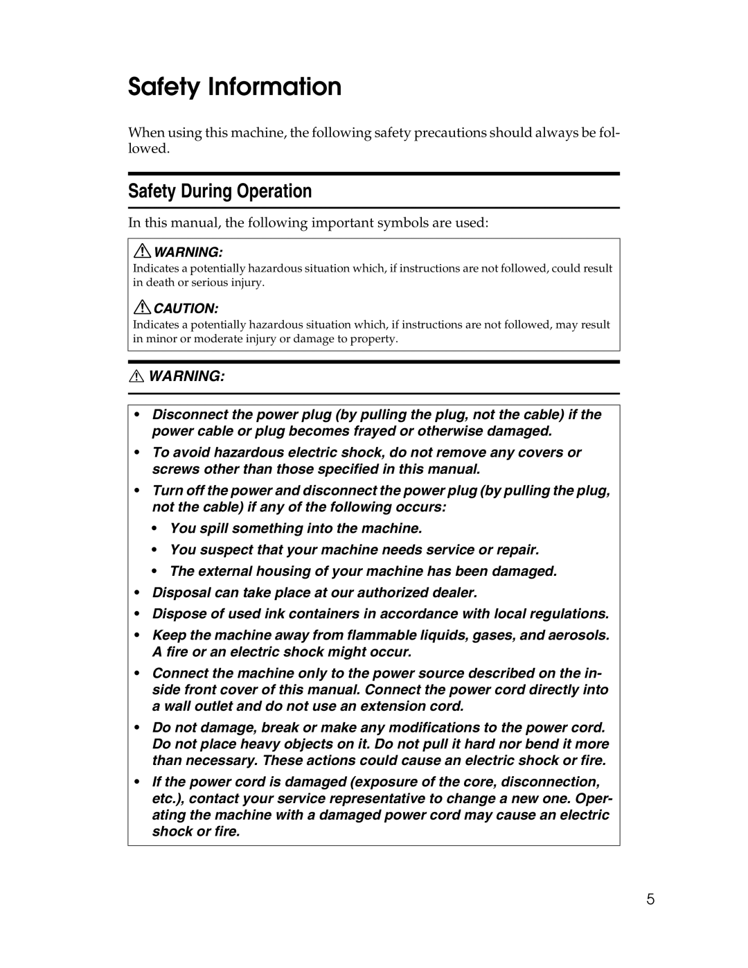 Ricoh 615C appendix Safety Information, Safety During Operation 