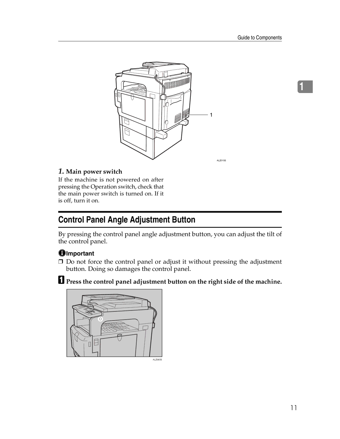 Ricoh 615C appendix Control Panel Angle Adjustment Button, Main power switch 