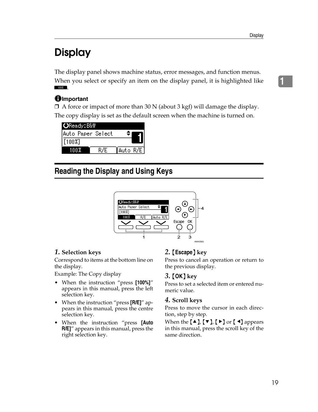 Ricoh 615C appendix Reading the Display and Using Keys, Selection keys, Scroll keys 