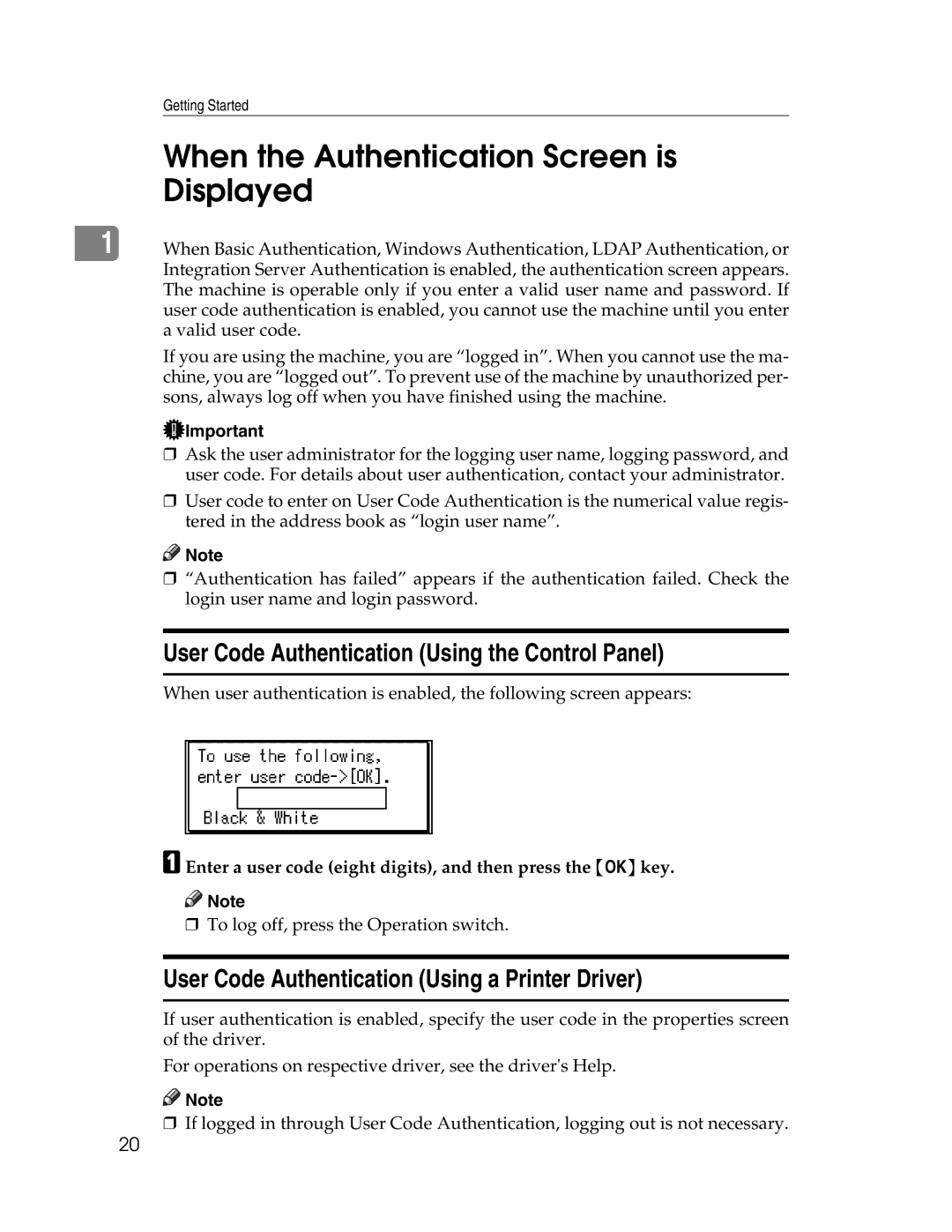 Ricoh 615C appendix When the Authentication Screen is Displayed, User Code Authentication Using the Control Panel 