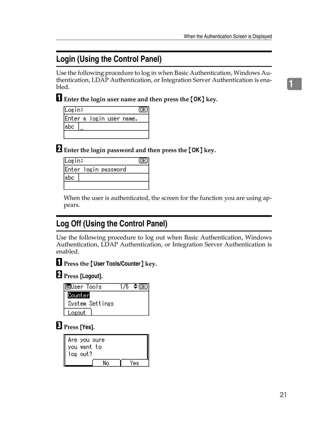 Ricoh 615C Login Using the Control Panel, Log Off Using the Control Panel, Press the User Tools/Counter key Press Logout 