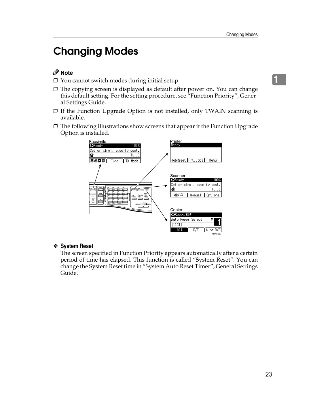 Ricoh 615C appendix Changing Modes, System Reset 