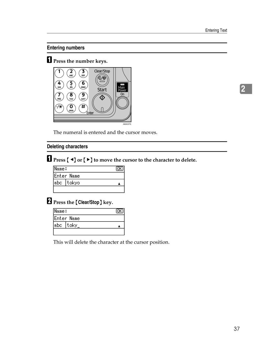 Ricoh 615C appendix Entering numbers, Deleting characters, Press the number keys 