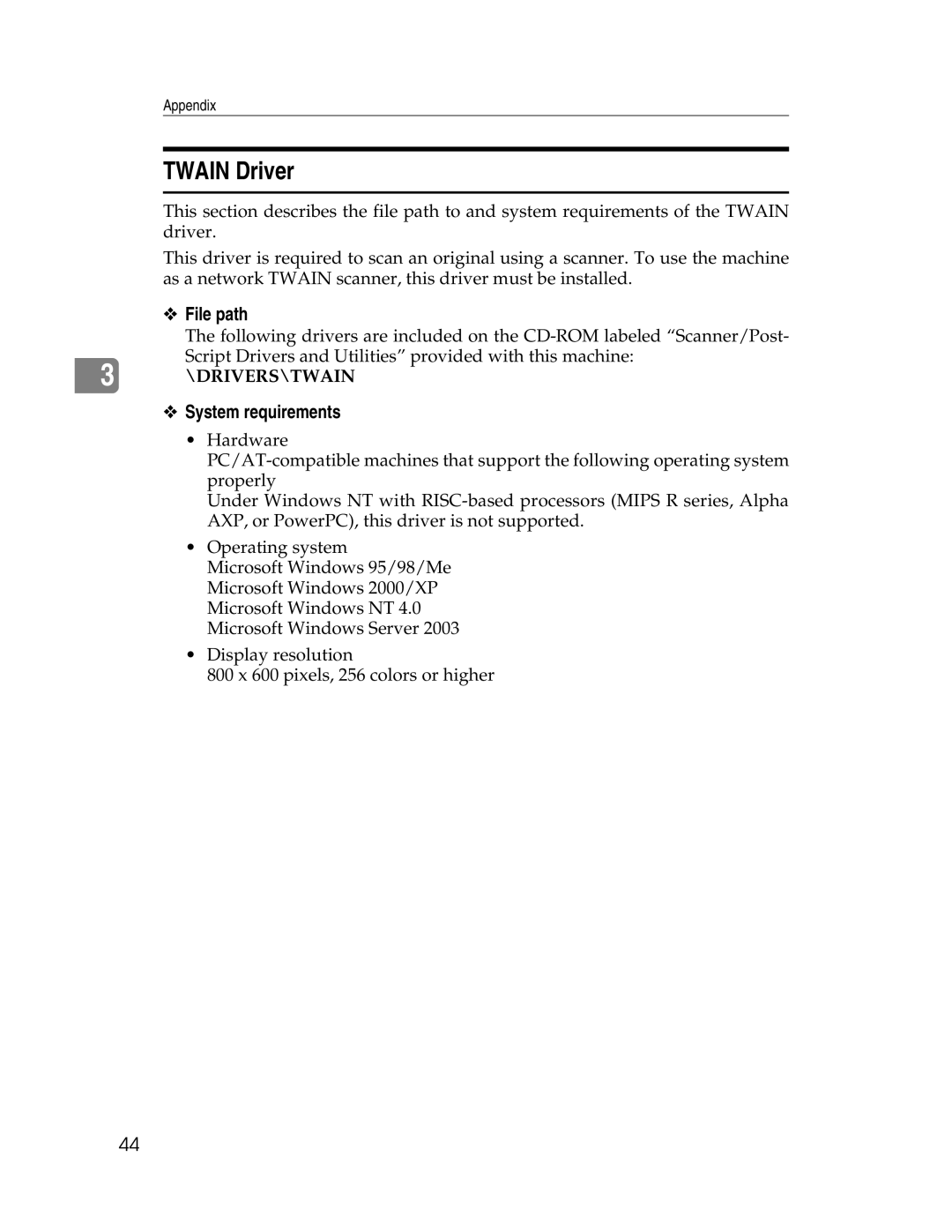 Ricoh 615C appendix Twain Driver, File path, System requirements 