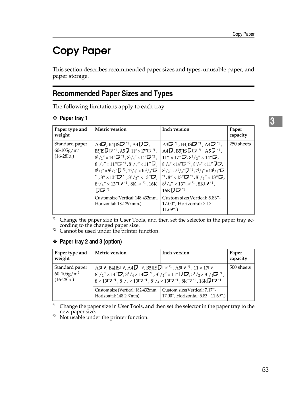 Ricoh 615C appendix Copy Paper, Recommended Paper Sizes and Types, Paper tray 2 and 3 option 