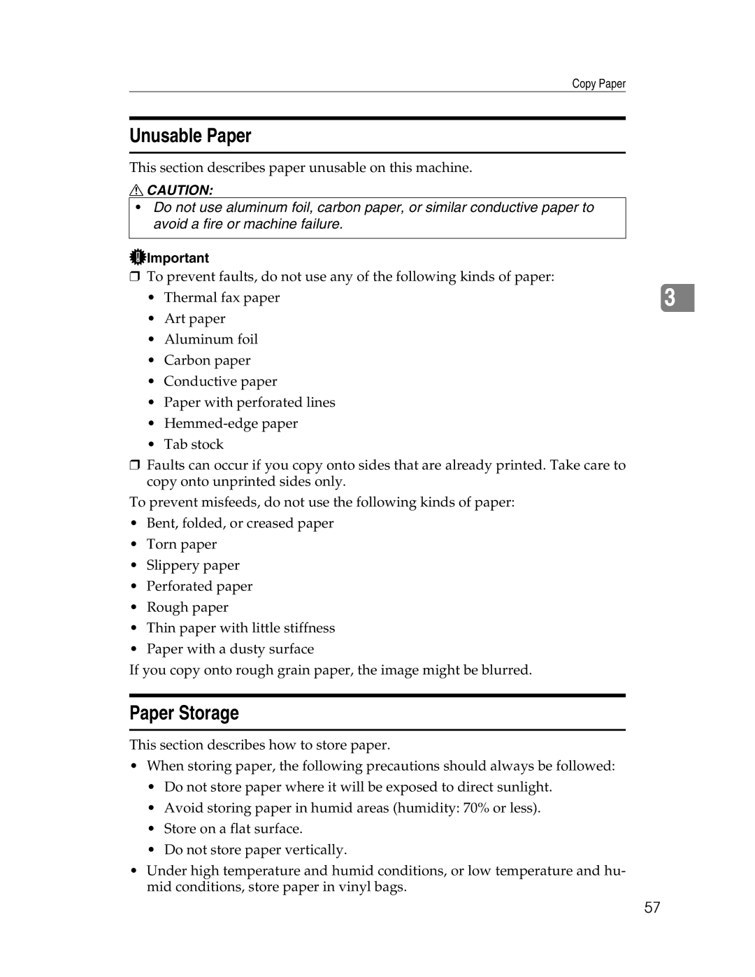 Ricoh 615C appendix Unusable Paper, Paper Storage 