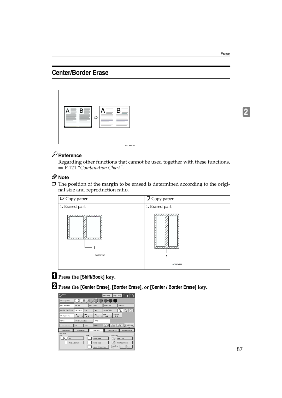 Ricoh 6513 manual Center/Border Erase, ⇒ P.121 Combination Chart 