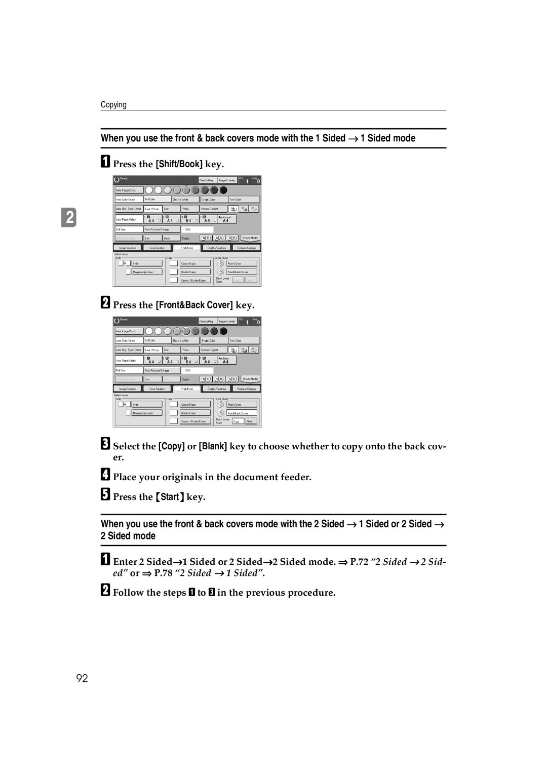 Ricoh 6513 manual Sided mode, Press the Front&Back Cover key 