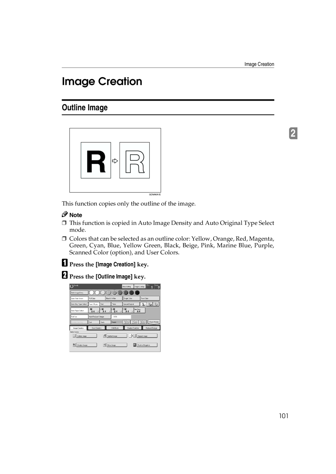 Ricoh 6513 manual 101, Press the Image Creation key Press the Outline Image key 
