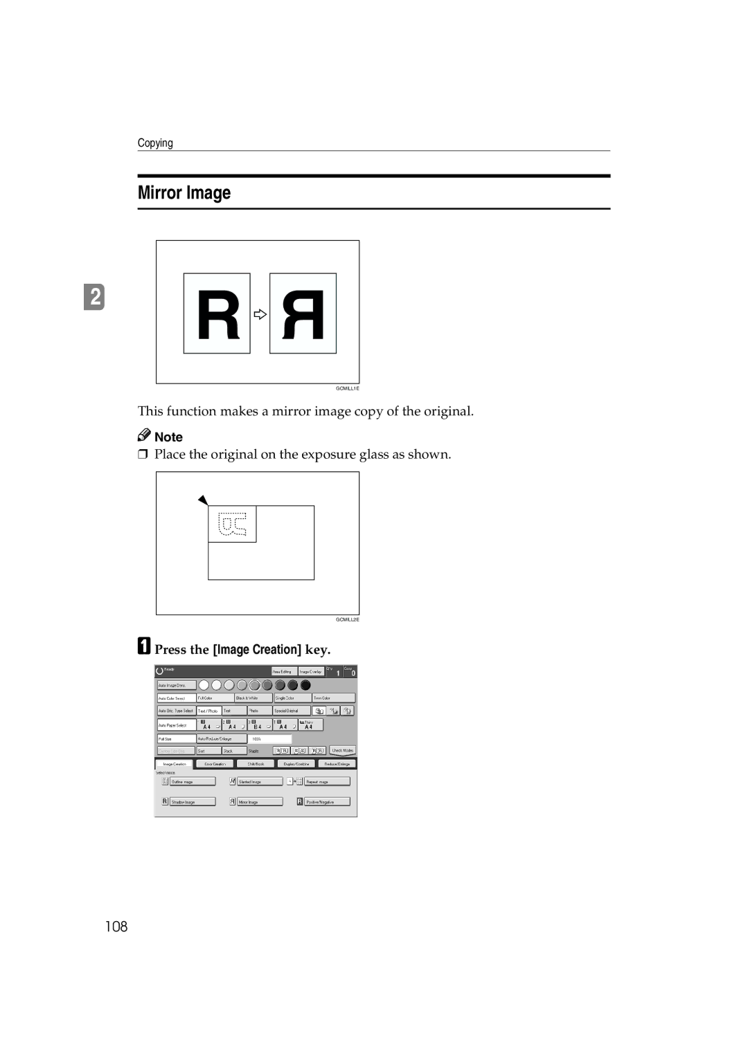 Ricoh 6513 manual Mirror Image, 108, Press the Image Creation key 