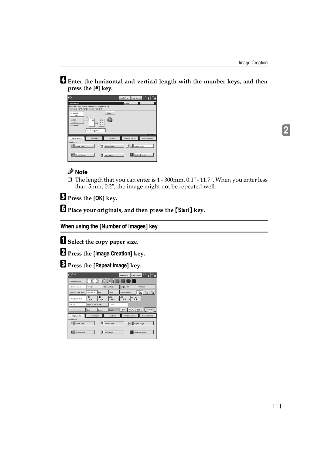 Ricoh 6513 manual When using the Number of Images key, 111, Press the Image Creation key Press the Repeat Image key 