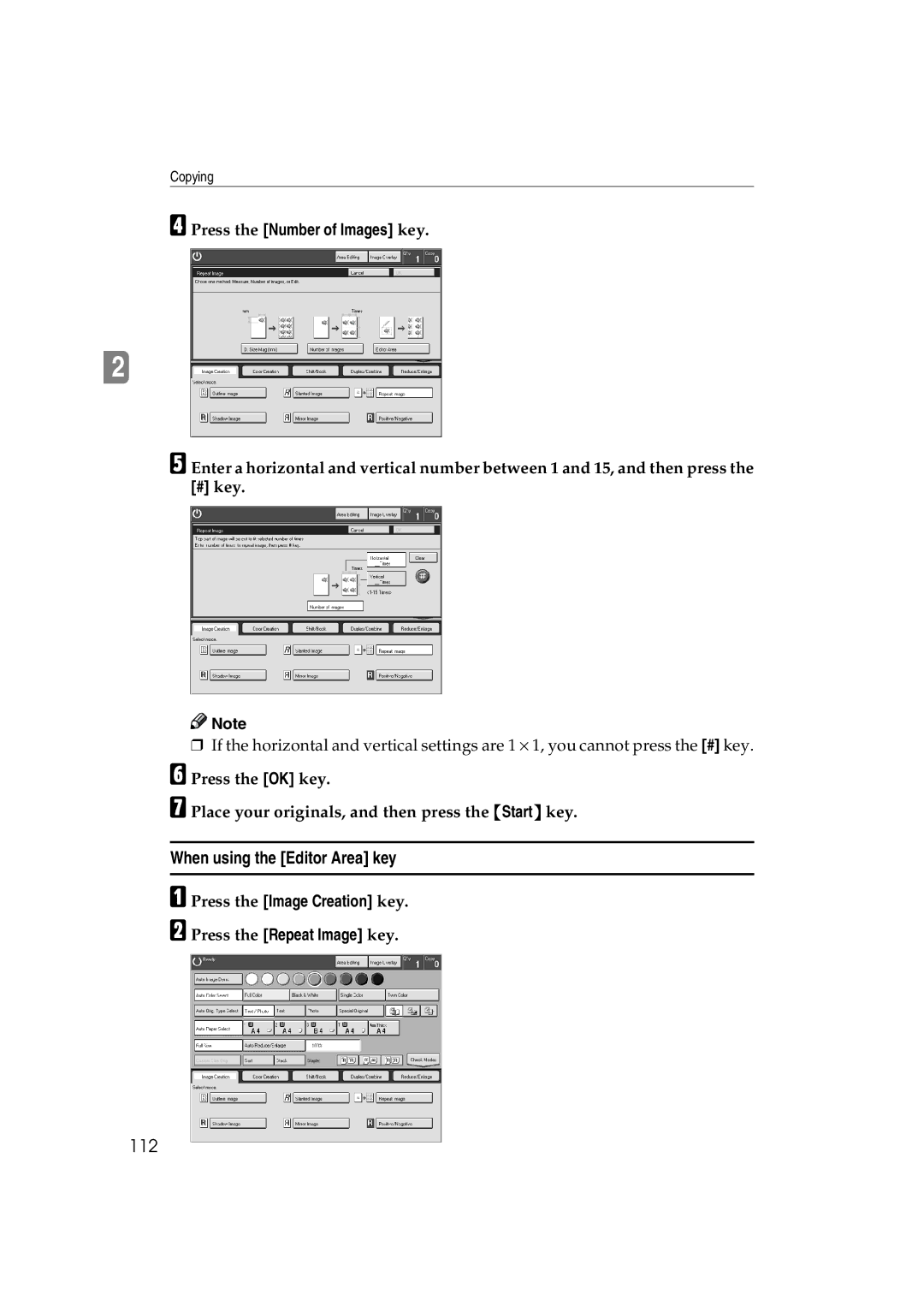 Ricoh 6513 manual When using the Editor Area key, 112, Press the Number of Images key 