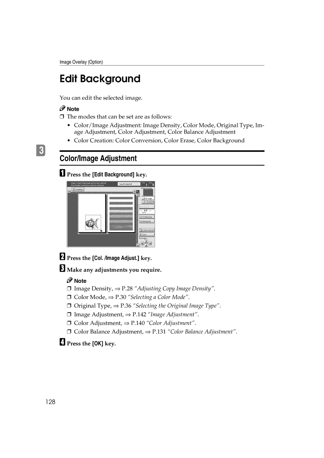 Ricoh 6513 manual Edit Background, Color/Image Adjustment, 128 