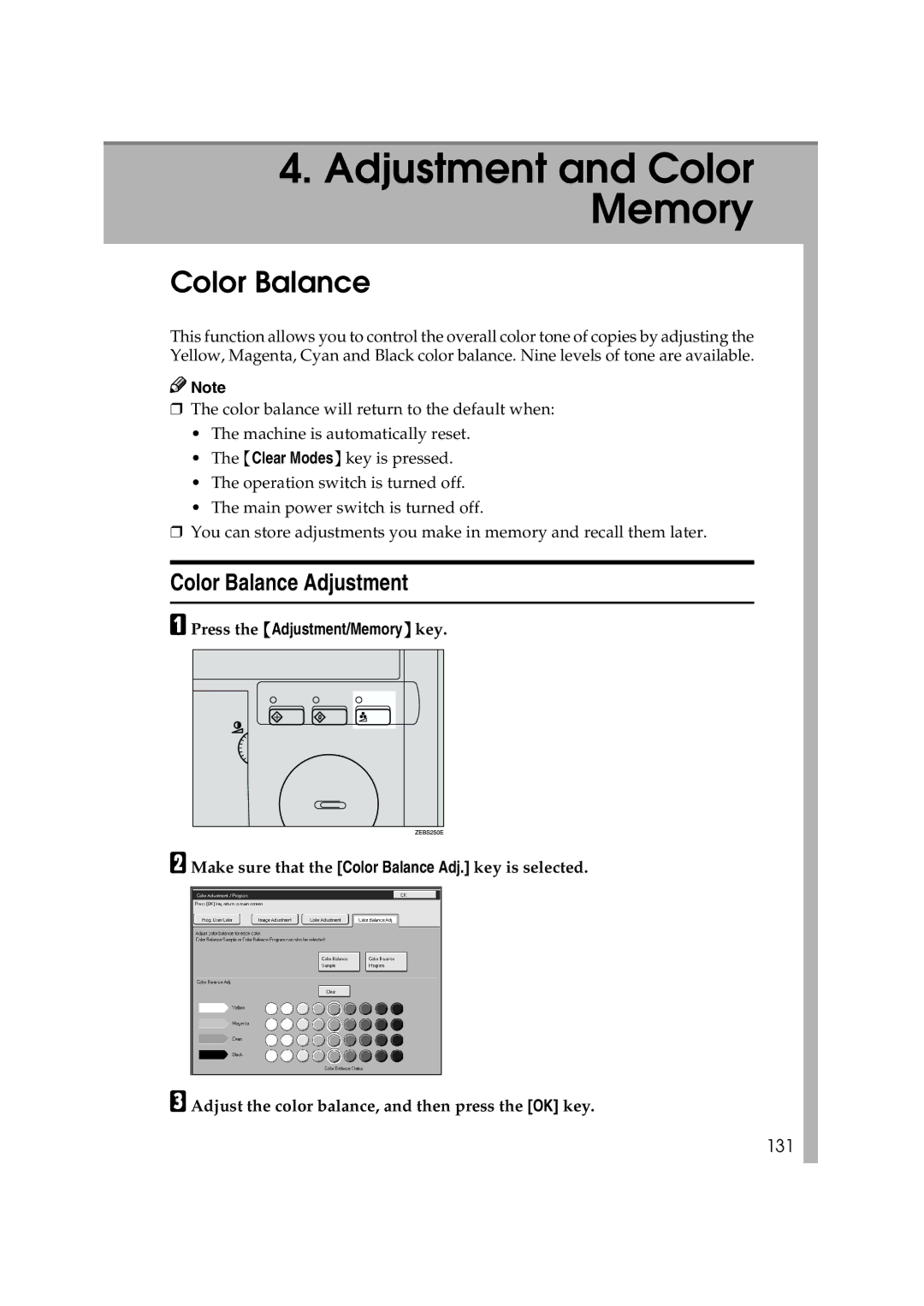 Ricoh 6513 manual Color Balance Adjustment, 131, Press the Adjustment/Memory key 