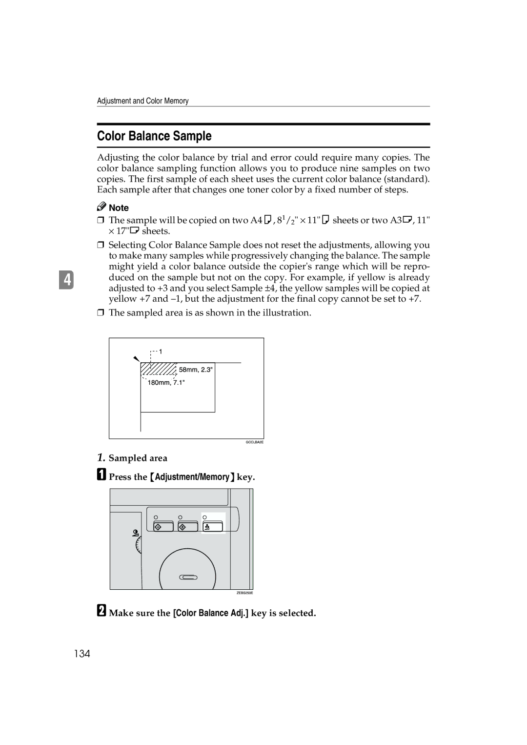 Ricoh 6513 manual Color Balance Sample, 134, Sampled area, Make sure the Color Balance Adj. key is selected 