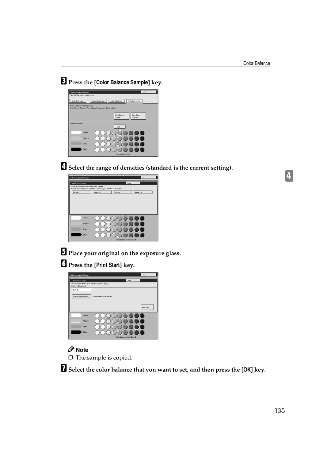Ricoh 6513 manual 135, Press the Color Balance Sample key 