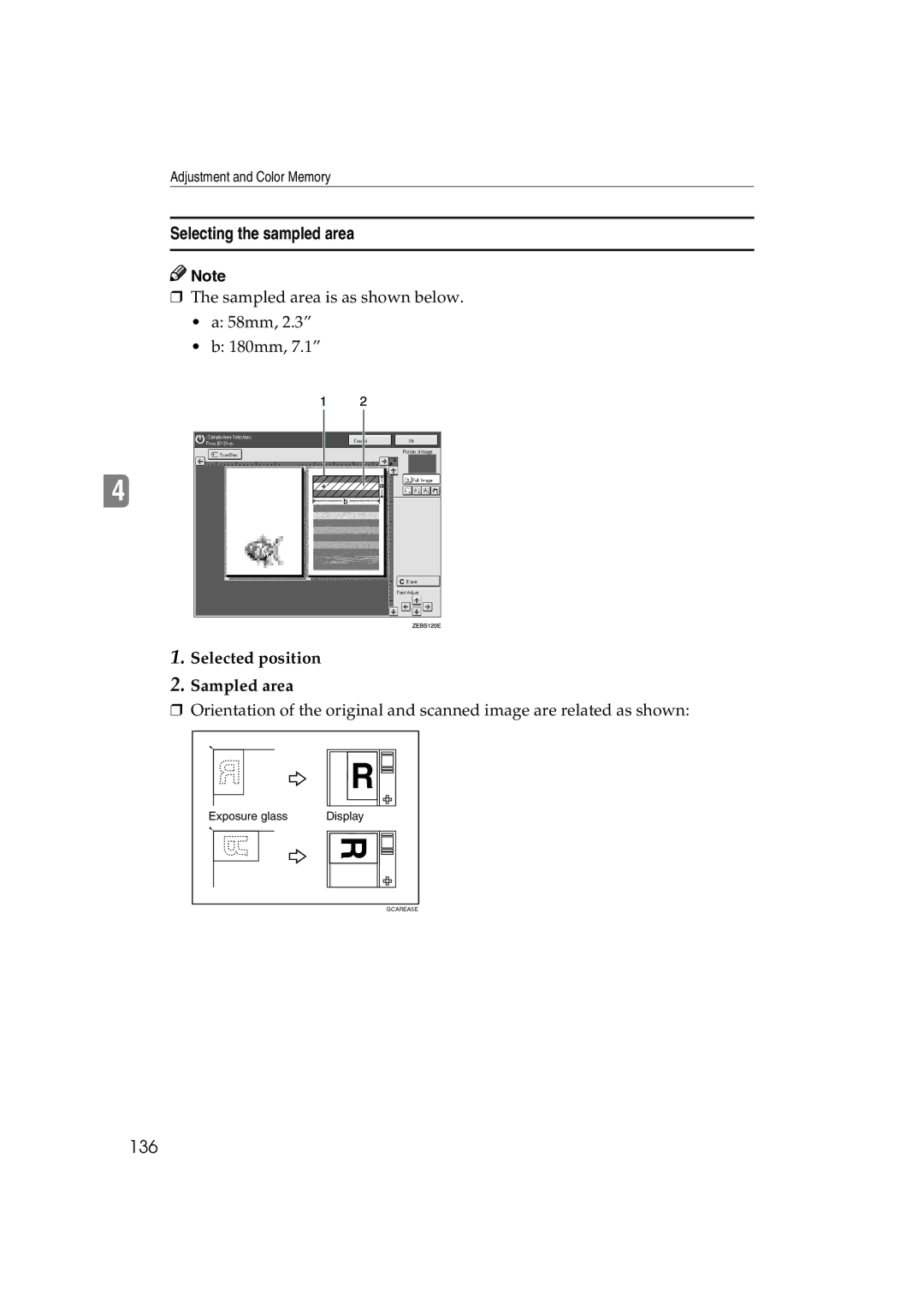 Ricoh 6513 manual Selecting the sampled area, 136, Selected position Sampled area 