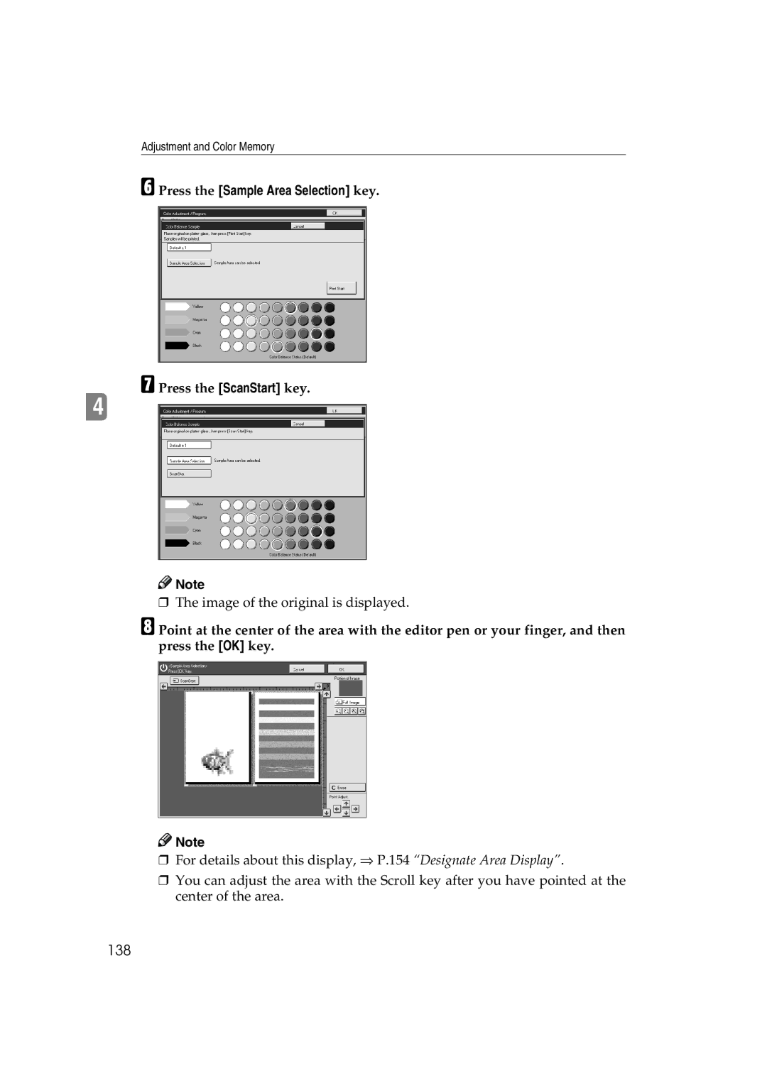 Ricoh 6513 manual 138, Press the Sample Area Selection key 