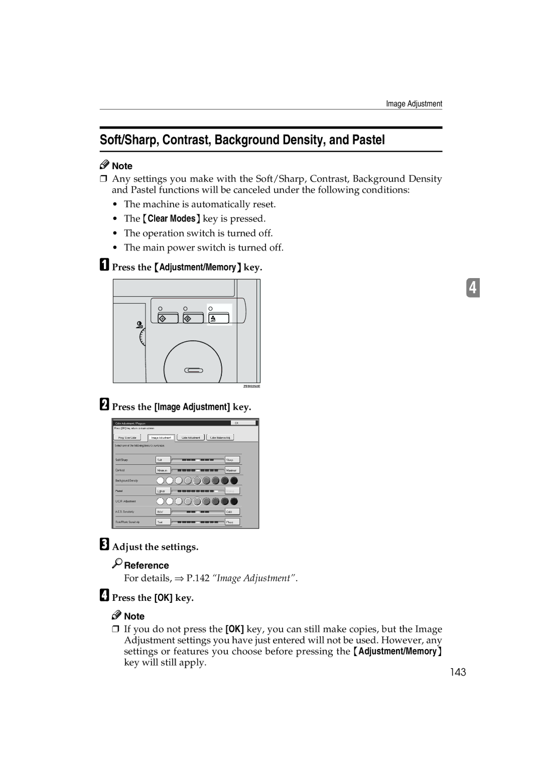 Ricoh 6513 manual Soft/Sharp, Contrast, Background Density, and Pastel, 143, Adjust the settings 