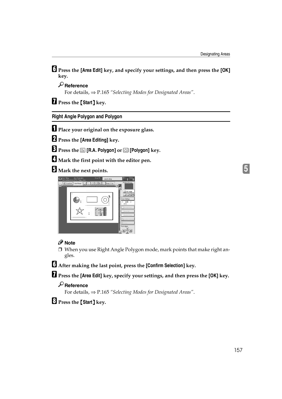 Ricoh 6513 manual Right Angle Polygon and Polygon, 157, Press the Area Editing key Press the R.A. Polygon or 