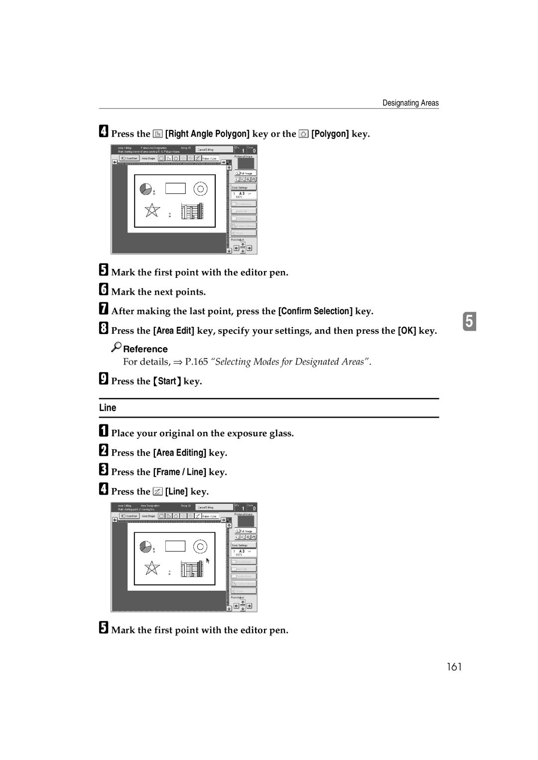 Ricoh 6513 manual Line, 161, Press the Right Angle Polygon key or the Polygon key 